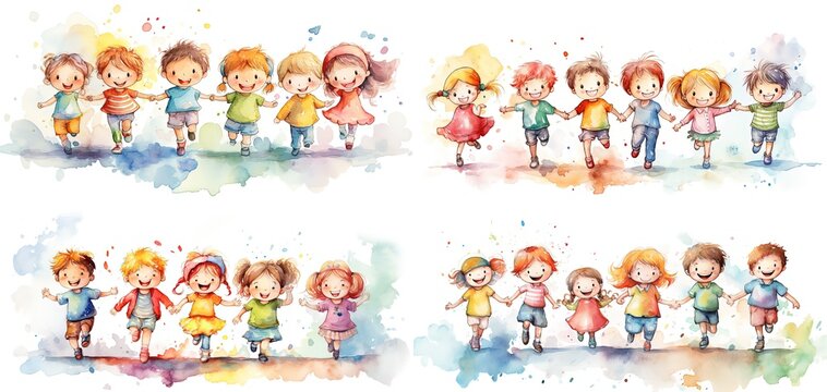 watercolor style illustration of cute cartoon  kids play together, Generative Ai