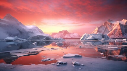 polar landscape at sunset, with the sky aglow in a kaleidoscope of reds, oranges, and pinks, reflecting off the icy mountains and glaciers, showcasing the sublime beauty of nature's vivid canvas.