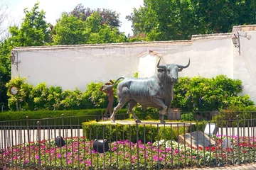 Papier Peint photo Ronda Pont Neuf Bronze bull statue in front of the bullring in Ronda, Málaga, Andalusia, Spain