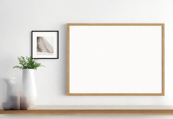 Blank Wooden Picture Frame Mockup On Wall In Modern Interior. Horizontal Artwork Template Mock-Up For Artwork, Painting, Photo Or Poster In Interior Design	