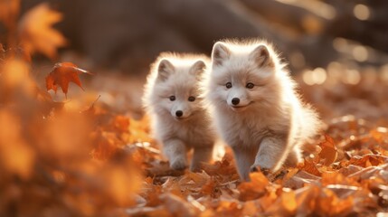 Arctic foxes rolling joyfully in a bed of fallen leaves, their mischievous eyes sparkling with energy as their fur becomes adorned with the colors of autumn.