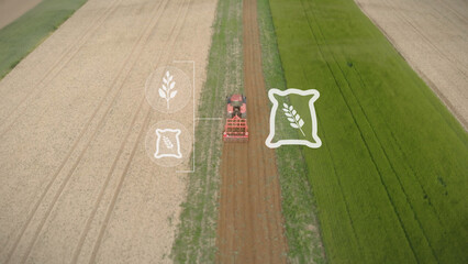 Obraz premium Smart Agriculture Futuristic Digital Farming. Harvester Working on Field Counting and Checking The Crops Growing Efficiency With AI Data Analysis Icons. Computerized Eco Sustainable Harvesting