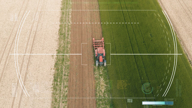 Drone collecting data of a Tractor Cultivating Agricultural Land - 3D HUD animation