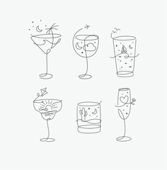 Cocktail glasses vacation holiday theme in line style drawing on grey background