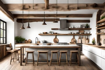 A rustic kitchen with wooden accents, where a blank white canvas frame for a mockup adds a touch of contemporary style.
