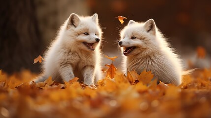 Naklejka na ściany i meble Arctic foxes rolling joyfully in a bed of fallen leaves, their mischievous eyes sparkling with energy as their fur becomes adorned with the colors of autumn.
