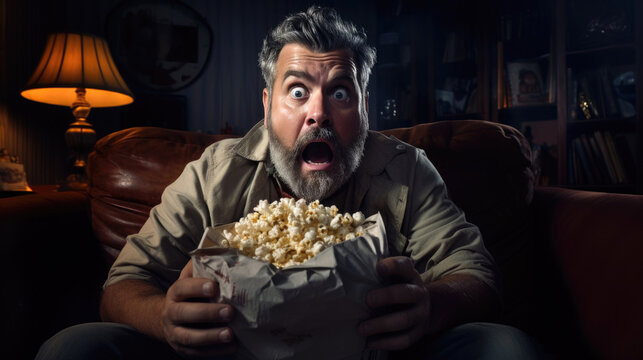 Man on the sofa with a popcorn bucket with terrified look watching film. 