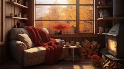 A cozy living room with a fireplace, perfect for embracing the warm and inviting ambiance of the autumn season - obrazy, fototapety, plakaty