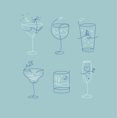 Cocktail glasses vacation holiday theme in line style drawing on turquoise background