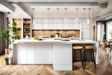 An open-concept kitchen with a white canvas frame for a mockup above the breakfast bar, enhancing the room's inviting atmosphere.
