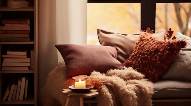 A cozy autumn sofa with a flickering candle and soft pillows