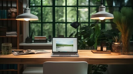Fototapeta na wymiar Modern workspace with laptop plants and lamp design