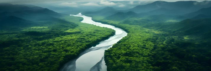 Fototapeten Wide Shot of The Amazon River Flowing Through Pristine Mountainous Rainforest © Jack