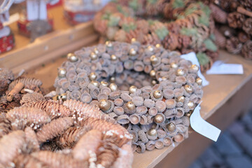 Handcrafted Christmas wreaths at a European Cristmas market