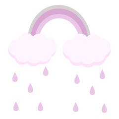 cute pink rainbow with clouds and rain on white background