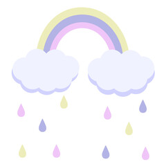 cute colorful rainbow with clouds and rain on white background