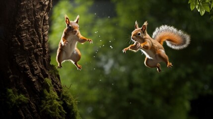 Two squirrels playfully leaping among the colorful autumn leaves - Powered by Adobe