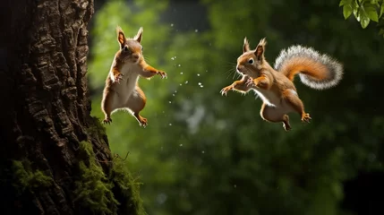 Deurstickers Two squirrels playfully leaping among the colorful autumn leaves © Artur