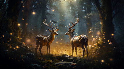 a deer couple standing in the forest with a glowing light, in the style of romantic illustrations, mixes realistic and fantastical elements.