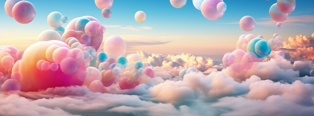 Fototapeta na wymiar colorful balloons in the sky background, in the style of surreal 3d landscapes, pink and aquamarine
