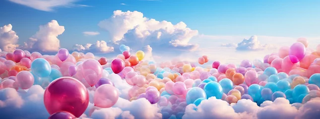 Poster colorful balloons in the sky background, in the style of surreal 3d landscapes, pink and aquamarine © alex