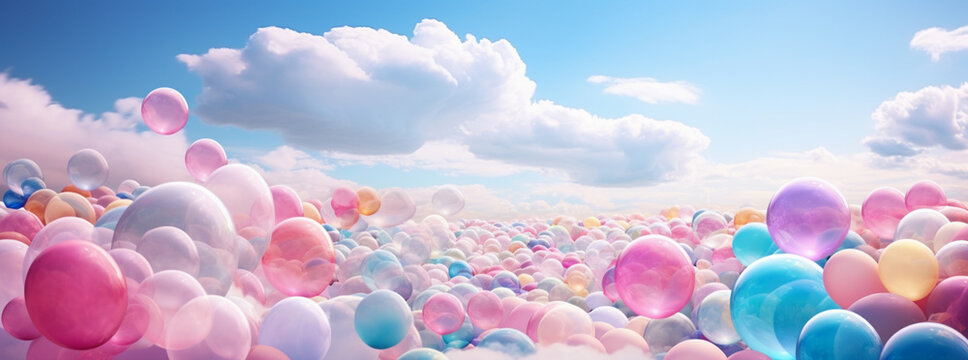 colorful balloons in the sky background, in the style of surreal 3d landscapes, pink and aquamarine