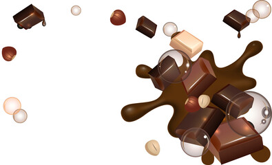 Chocolate tiles, nuts and drops on transparent background.