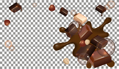 Chocolate tiles, nuts and drops on transparent background. Vector sweet element.