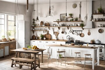 A farmhouse-style kitchen with vintage charm, where a white canvas frame brings a contemporary twist.
