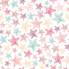Chalk star pattern. Crayon style star print. Children drawing stars hand drawn wax crayons art. Color pastel crayons freehand drawn stars background. Color seamless fabric abstract texture. Doodle art