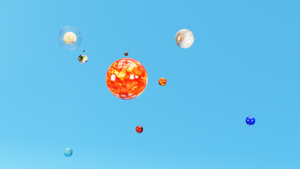 Cartoon stylized set of glass balls in the shape of planets of solar system on a blue background. 3d illustration