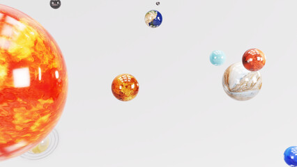 Cartoon stylized set of glass balls in the shape of planets of solar system. 3d illustration