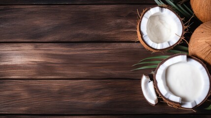 Fototapeta na wymiar Background with fresh coconut pieces on wooden desk