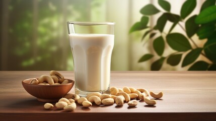 Alternative cashew milk background with glass of milk and place for text. Plant based eco organic healthy product concept .