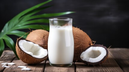 Alternative coconut milk background with glass of milk, coconut and place for text. Plant based eco organic healthy product concept