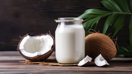 Alternative coconut milk background with jar of milk, coconut and place for text. Plant based eco organic healthy product concept