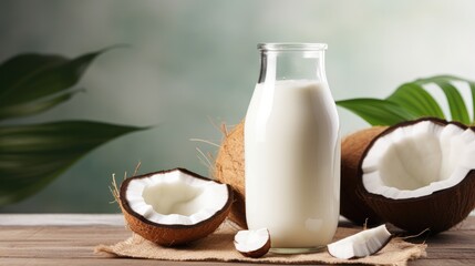 Obraz na płótnie Canvas Alternative coconut milk background with jar of milk, coconut and place for text. Plant based eco organic healthy product concept