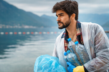 Displeased young man with dark hair and beard holding plastic bottles and looking away.