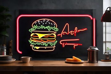 burger on the wall with a table in a restaurant, neon light effect, neon wall decor