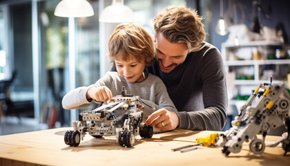 boy and his dad assemble robot made with generative AI - obrazy, fototapety, plakaty