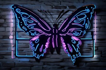 butterfly on a brick wall, neon wall decor, neon light effect