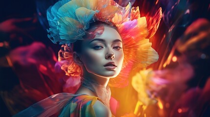 Stylish fashion woman with a large decorative luminous flower on her head. Close-up of the face. Digital art in futuristic style. Illustration for cover, card, postcard, interior design, decor, print.