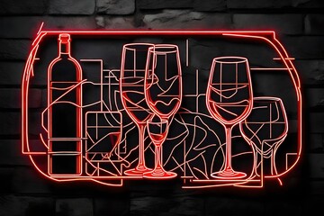 Fototapeta na wymiar glass and bottle of wine, on a brick wall, neon light effect, neon wall decor