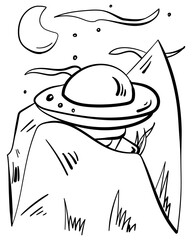Alien spaceship in mountains at night, coloring page with UFO in terrestrial landscape for creative activity
