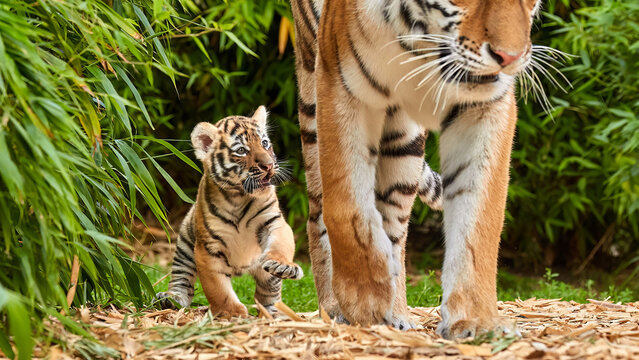 Tiger cub walking with his mother, amur tiger (Panthera tigris).