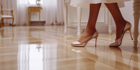 Woman wearing classic high heel shoes, step on the spc flooring, closeup female legs in pretty shoes.