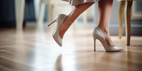 Woman wearing classic high heel shoes, step on the spc flooring, closeup female legs in pretty shoes. - obrazy, fototapety, plakaty
