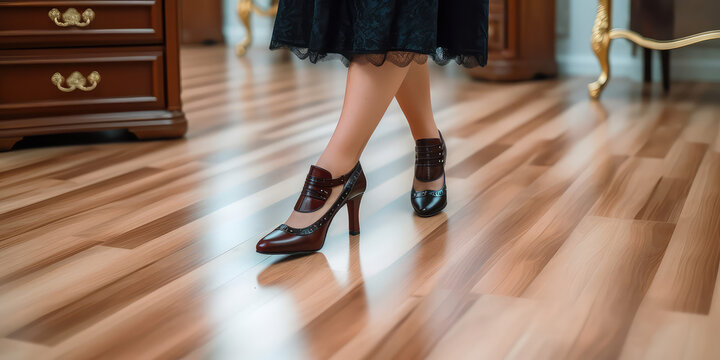 Woman wearing classic high heel shoes, step on the spc flooring, closeup female legs in pretty shoes.