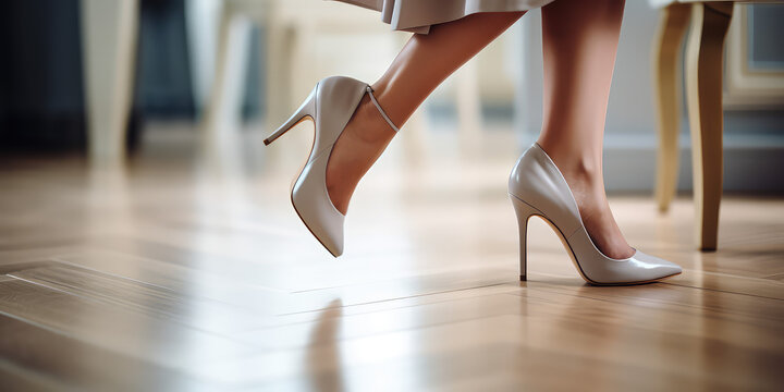 Woman wearing classic high heel shoes, step on the spc flooring, closeup female legs in pretty shoes.