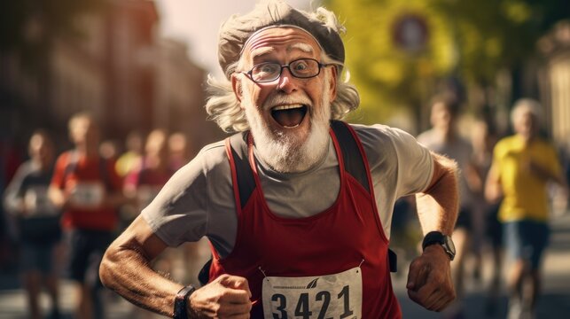 Happy and funny man is running marathon. Generative AI